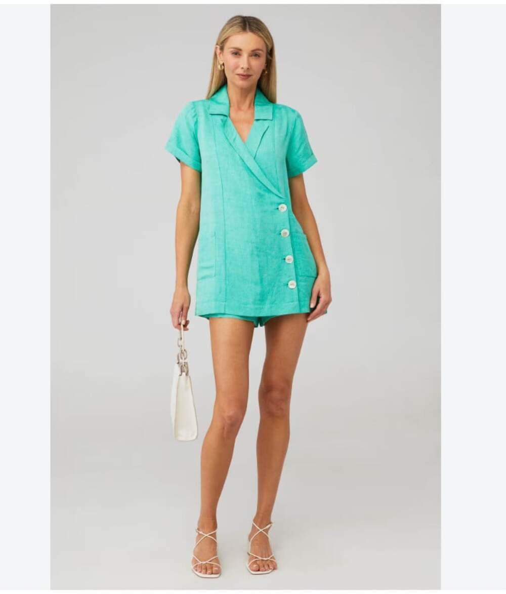 Show Me Your Mumu Bicoastal Romper Womens XL Green Short Sleeve Collared Button